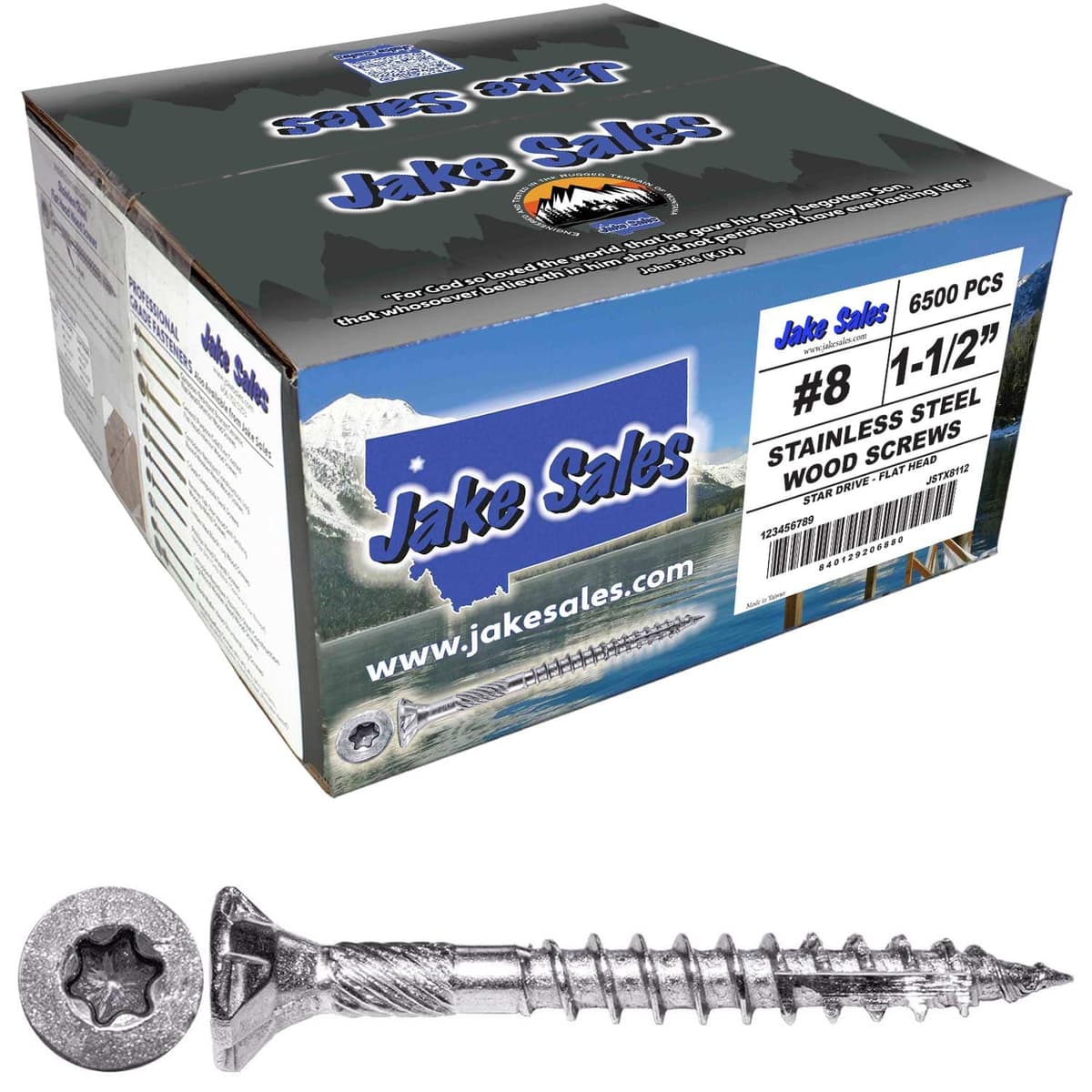 Jake Sales #8 x 1-1/2" Tornillo de acero inoxidable Torx/Star - Caja completa (~6500) 8-112-STAINLESS-STEEL-WOOD-SCREWS-STX-F