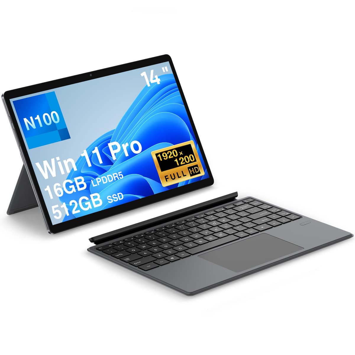 HYPERSTRIX Tablet 2 en 1 con Intel N100, 14" Win 11 Pro Pantalla táctil 16GB LPDDR5 512GB SSD 1920x1200 Touchscreen MS Office 365 Wi-Fi 6 USB-C HDMI Cámara dual Procesador de cuatro núcleos UNP100