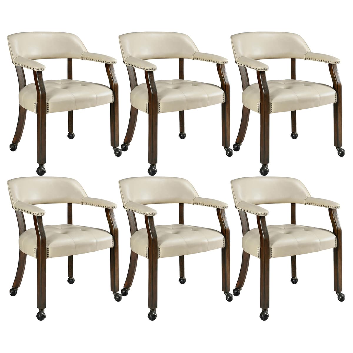 MODERION Sillas de comedor grandes con ruedas y brazos juego de 6, sillones capitán con patas de madera, tapizado con botones, giratorias 31.5”H Leg. marrón & Beige XXY1910BG