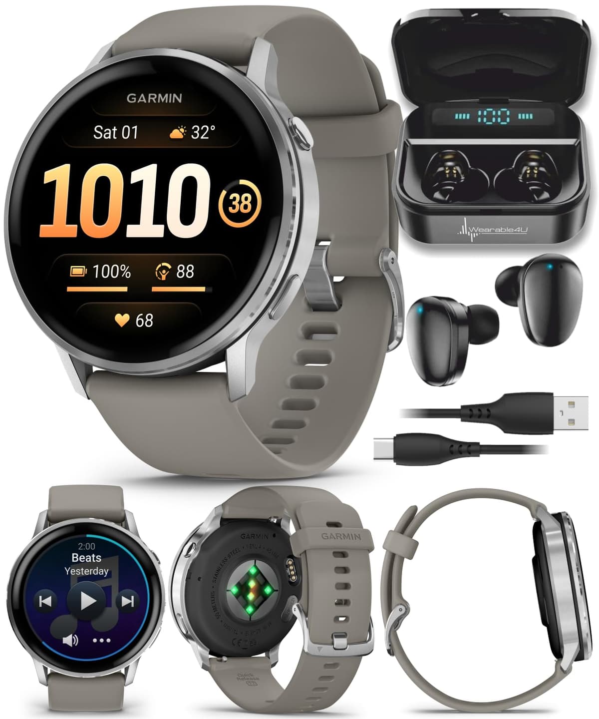 Garmin Venu 4 45 mm Silver con correa gris plateada y auriculares Wearable4U negros TWS X7