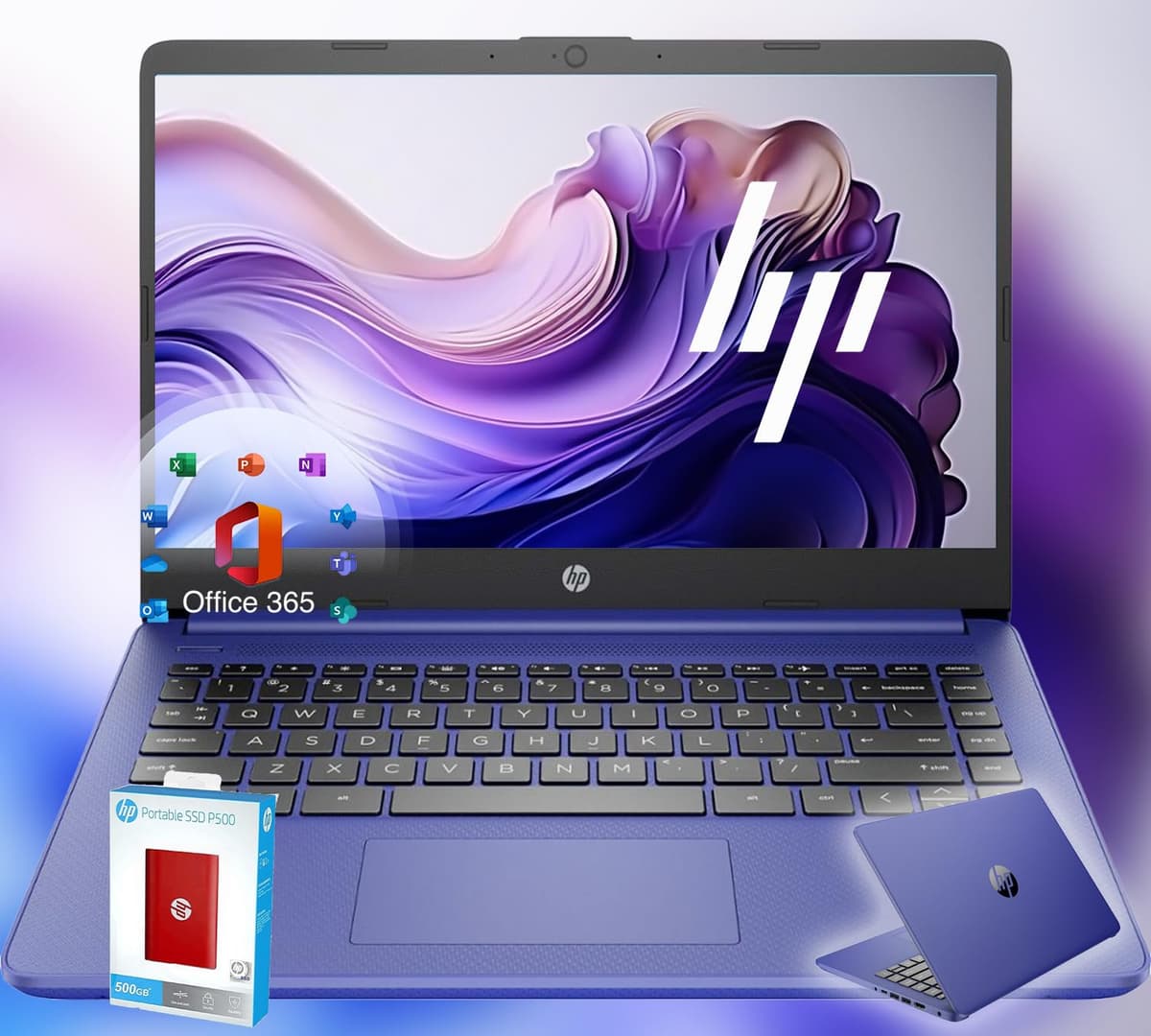 HP 14 Ultrabook • Edición Limitada Regreso a Clases con Microsoft 365 • CPU Intel de 4 Núcleos • 32 GB RAM • 1600 GB de almacenamiento (64 GB a bordo con SSD portátil HP 512 GB P500 + 1 TB OneDrive) • Azul Real • Windows 11