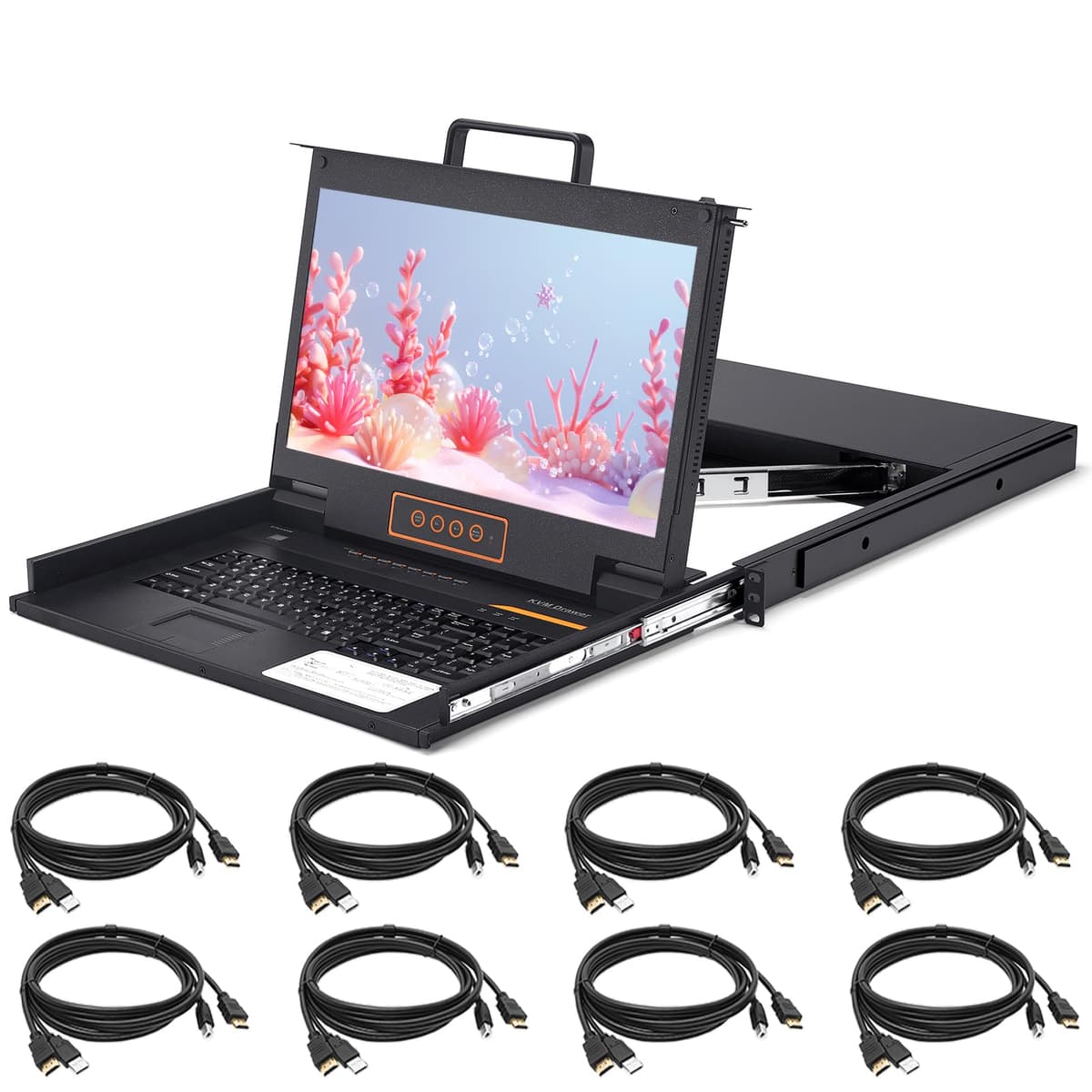Kinan KVM Console Rack 1U 17.3" HDMI 8 Puertos, 1080P, OSD/Hotkey/Botón, Cables Incluidos Kinan-LH1708