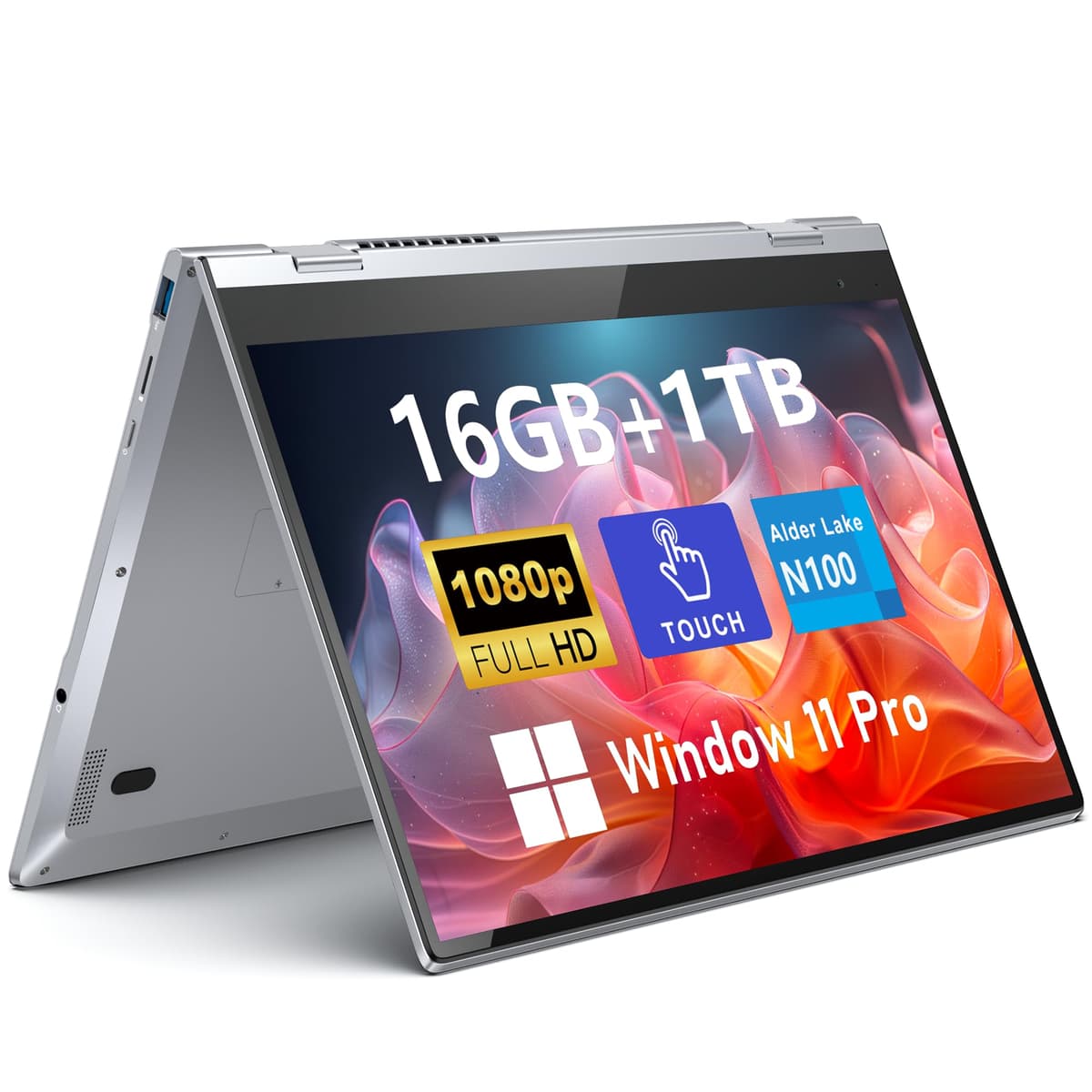 FUNYET Laptop Táctil 2 en 1 2026 de 14", Gaming, Windows 11 Pro, 16GB RAM 1TB SSD, Procesador Intel N100, Office 365, Desbloqueo por Huella, Teclado Retroiluminado, Wi-Fi 6 FUNYO-01