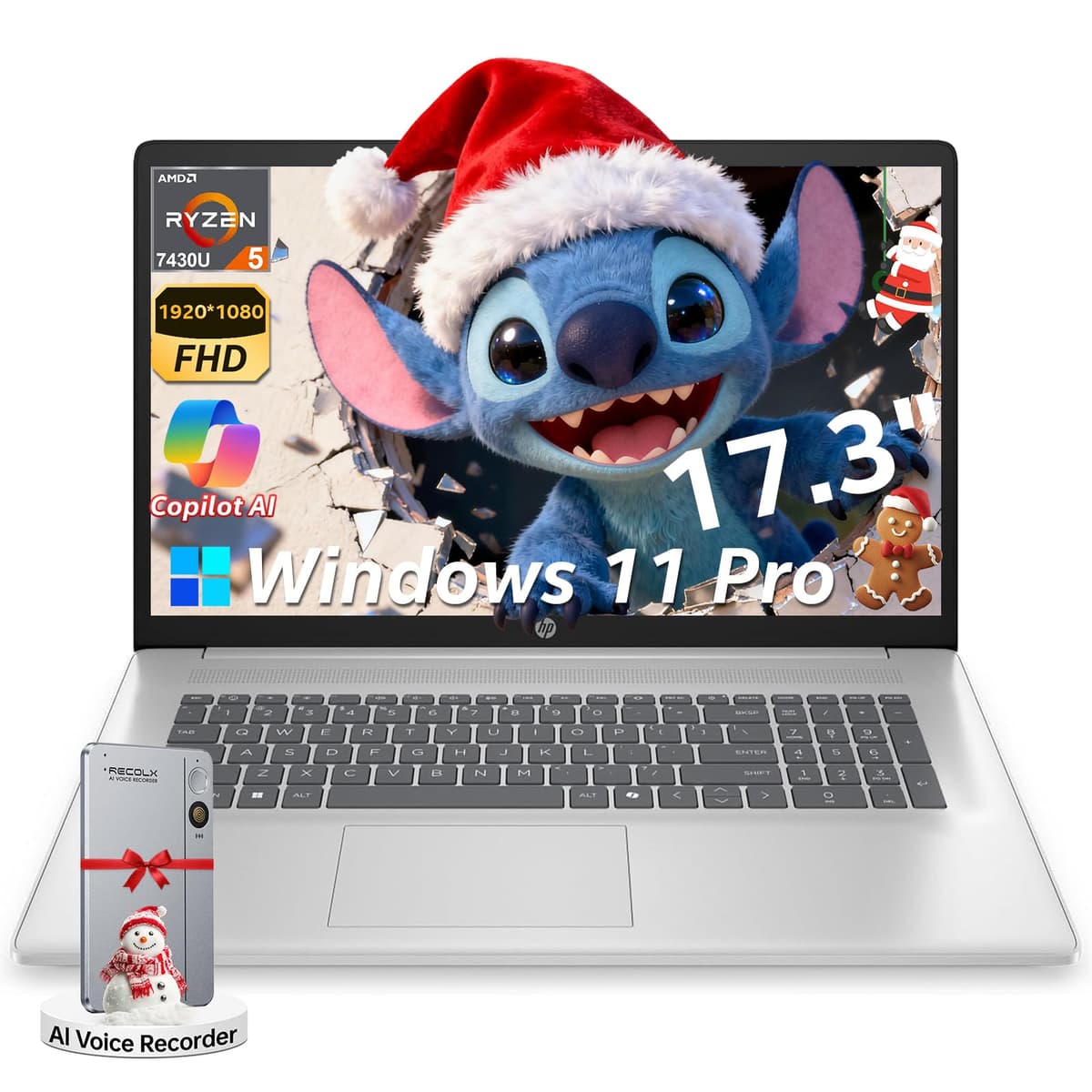 HP laptops de 17 pulgadas, AMD Ryzen 5 7430U (mejor que i7-1165G7), 16 GB RAM 512 GB NVMe SSD Windows 11 Pro, 17.3" FHD IPS, Copilot AI, teclado numérico, Type-C, kit de teclado patentado 17-cp3005dx/A9FY8UA#ABA
