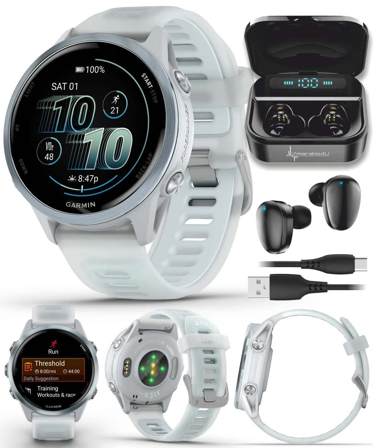 Garmin Forerunner 570 42 mm Reloj Inteligente Avanzado para Correr y Triatlón con GPS Pantalla AMOLED Entrenamiento y Recuperación Azul Nube Aluminio con Correa Blanco Translúcido/Azul Nube y Auriculares Wearable4U Negros Bundle TWS X7