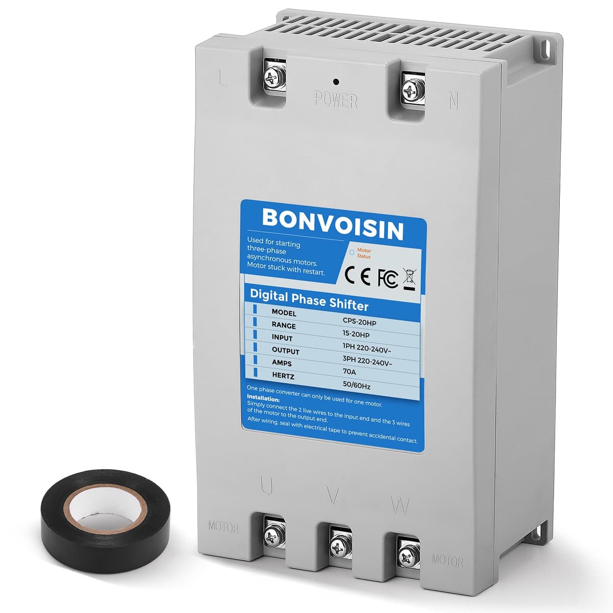 Bonvoisin Convertidor de Fase Única a 3 Fases 20HP (15 kW) Desplazador Digital de Fase, 70A 220V-240V Entrada/Salida, Un Convertidor solo para un Motor. CSP-HP