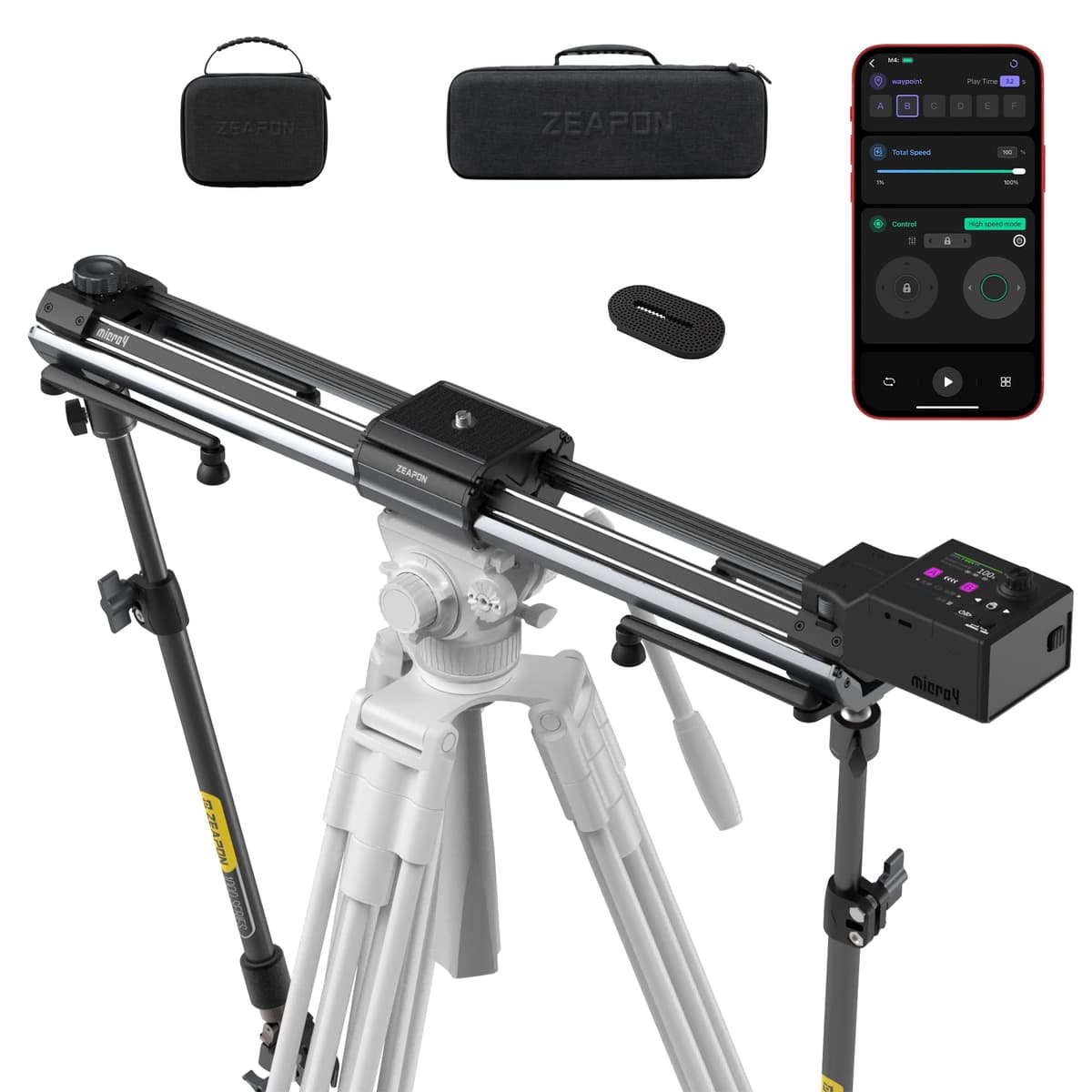 Zeapon Micro4 E1000 Slider Motorizado de Doble Distancia para Cámara, Motor de Alta Velocidad y Bajo Ruido 10-26 lb de Carga, Slider Compacto 42''/107 cm con Estuche, Pantalla LCD, Control por App, Diseño de Amortiguación Suave SD-M4-X0-JP
