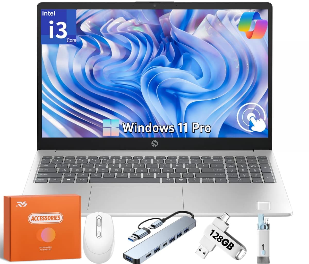 HP 2025 Laptop táctil de 15.6", Intel i3-1315U (hasta 4.5 GHz), 32 GB RAM, SSD de 1 TB, Intel UHD Graphics, antirreflejo, carga rápida, larga duración de batería, Microsoft Copilot, Windows 11 Pro, con accesorios