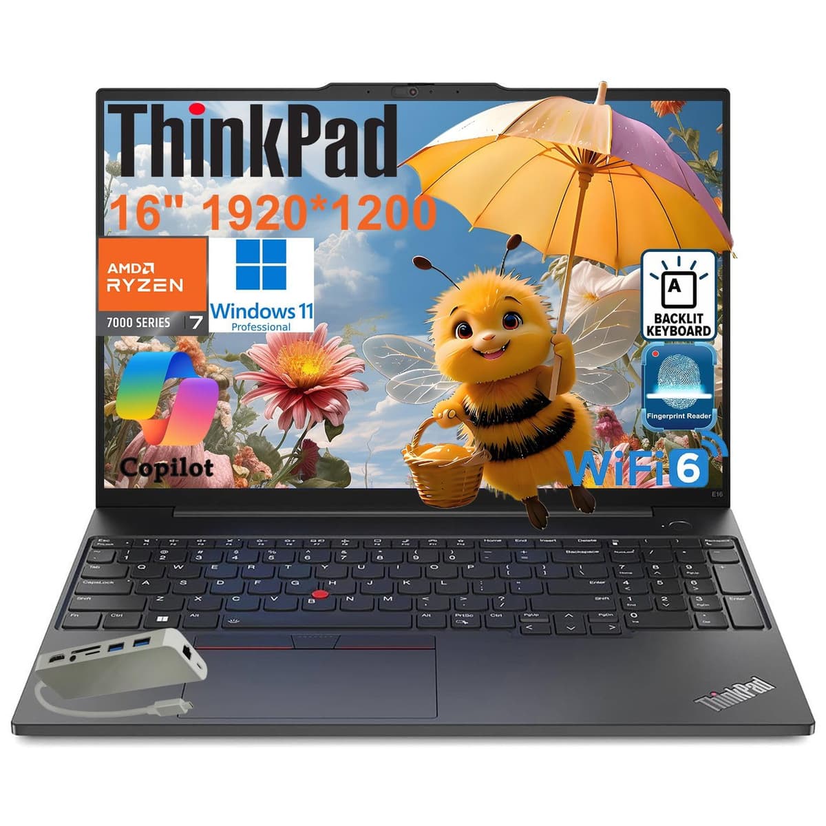 Lenovo ThinkPad E16 Gen 2 Laptop Empresarial, AMD Ryzen 7 7735HS de 8 núcleos, 32GB RAM DDR5, 1TB SSD PCIe, 16" FHD+, WiFi 6, Teclado Retroiluminado, Lector de Huellas, Windows 11 Pro, Hub Tipo C, Teclado Numérico