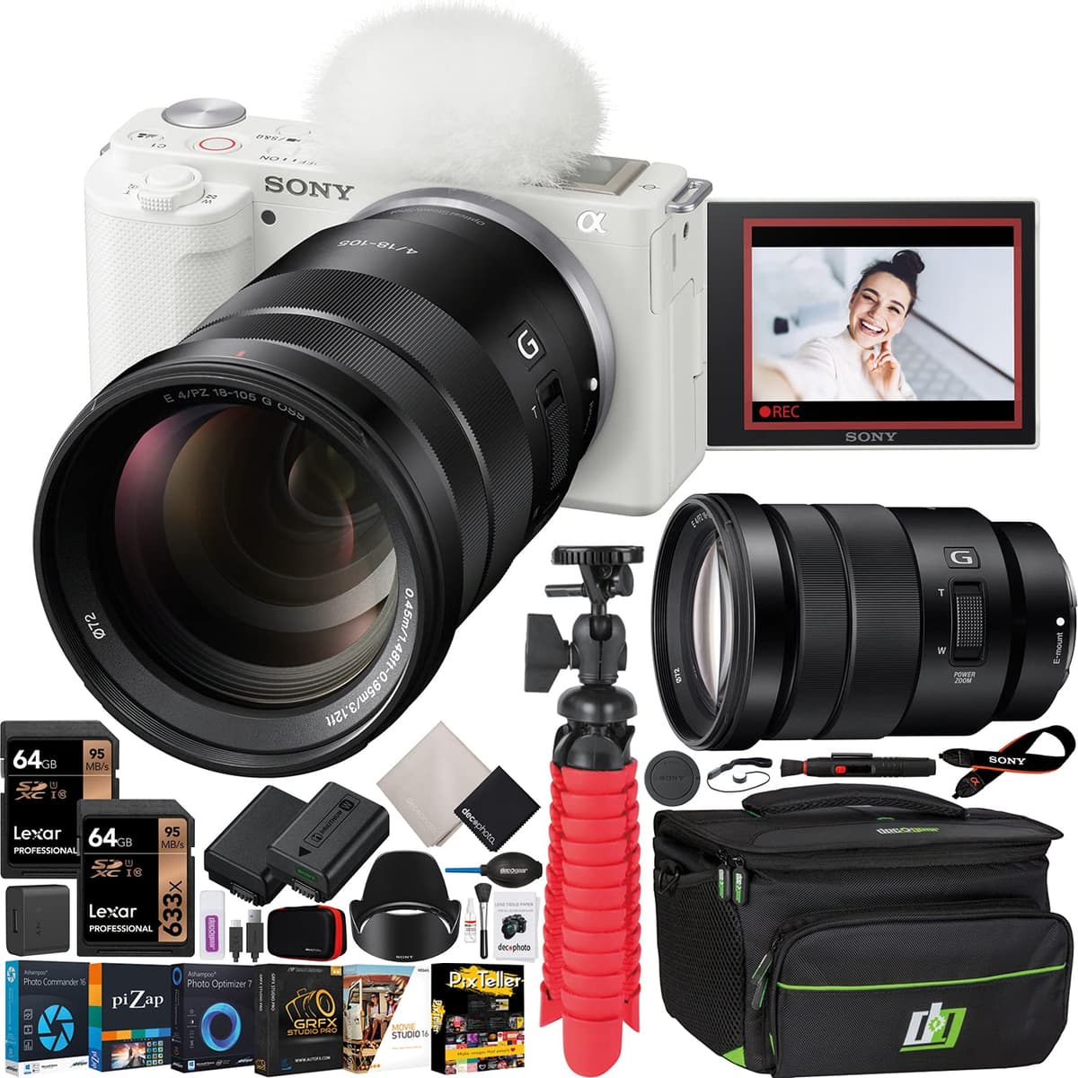 Sony ILCZV-E10/W - ZV-E10 + 18-105mm F4 PZ G OSS Bundle (Blanco) con accesorios E20SNILCZVE10WX6