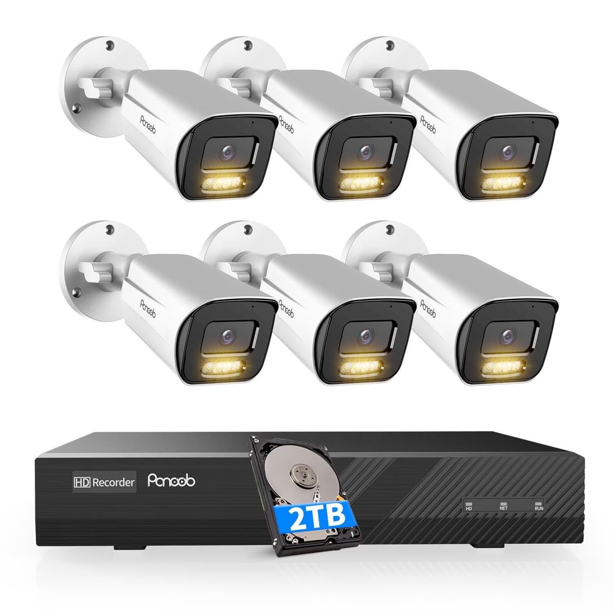 Sistema de Cámaras de Seguridad PANOOB NVR 5MP, 6 Cámaras Bullet IP PoE Cableadas 5MP con Detección Humana, Audio Bidireccional, Doble Luz Inteligente Visión Nocturna a Todo Color, NVR 4K 8CH 2TB HDD, PB65A0608-5MD