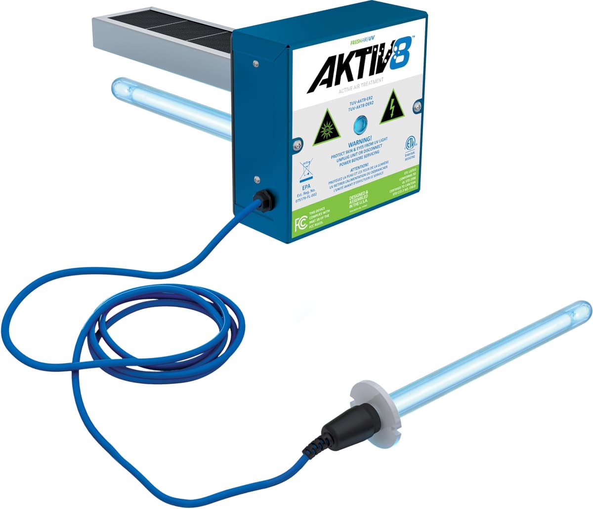 Fresh-Aire UV AKTIV8 Sistema de Tratamiento de Aire Activo en Conductos, Doble Lámpara de 2 Años TUV-AKT8-DER2