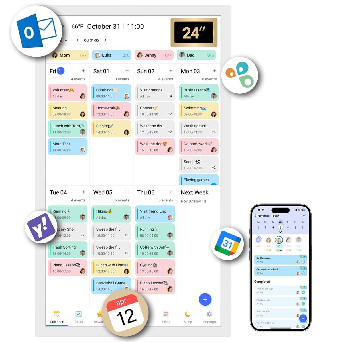 Calendario digital de pared táctil 24" BSIMB para planificación familiar y recordatorios