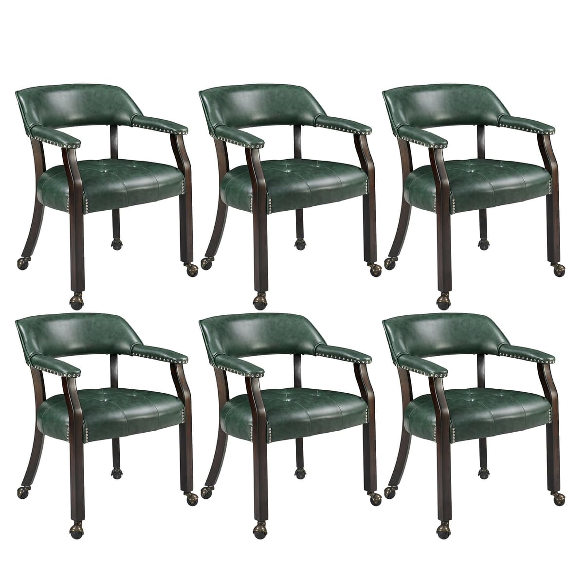 MODERION Silla de comedor con ruedas y brazos set de 6 - Patas madera marrón y asiento verde XXY1910GN