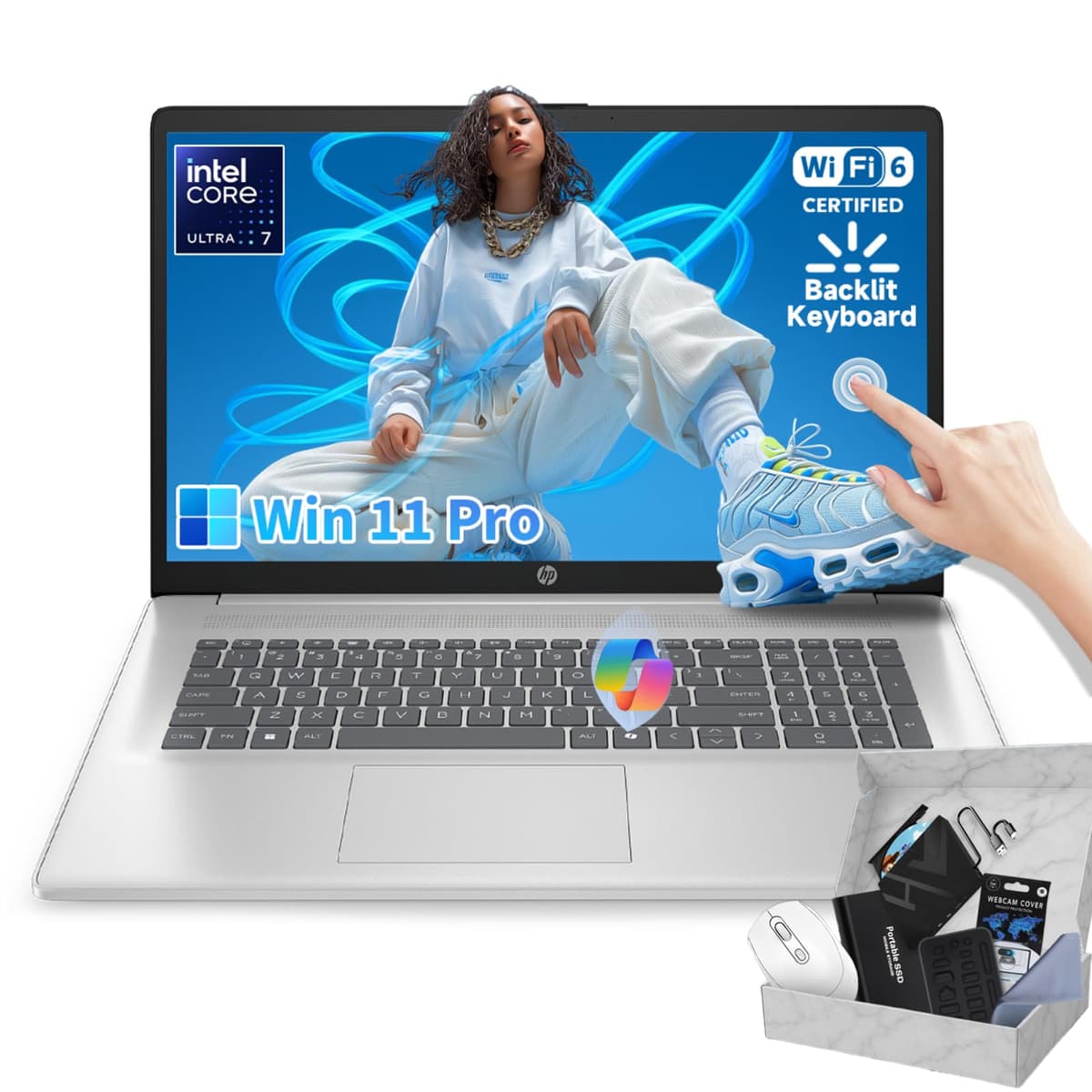 Laptop empresarial HP táctil 17" - Intel Ultra 7 de 12 núcleos 255U (hasta 5.2 GHz), 64 GB DDR5, SSD 2 TB, Copilot AI, 12 NPU Tops, 17.3" HD+ antirreflejo, teclado retroiluminado, Windows 11 Pro, con accesorio HP Touchscreen Laptop