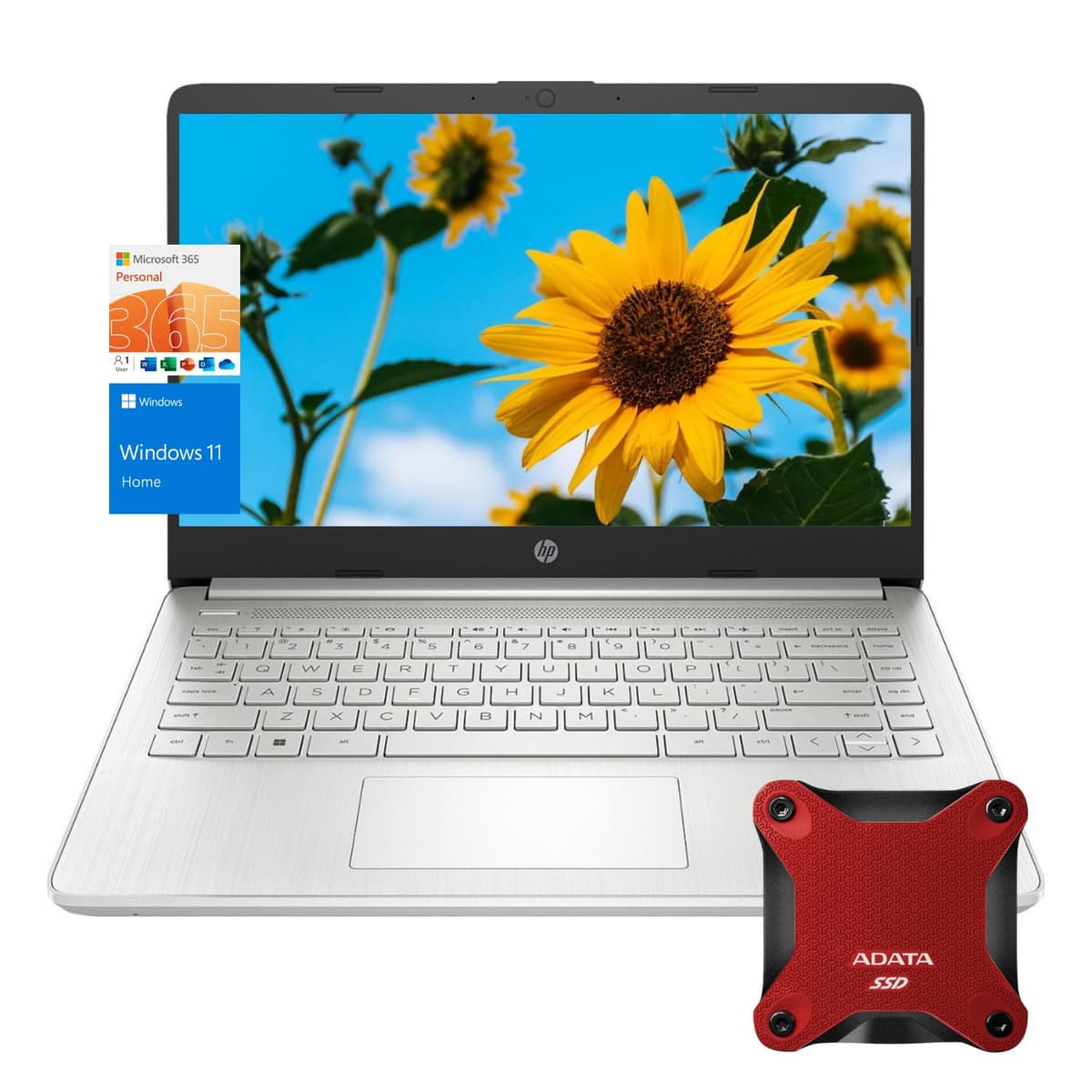 HP Laptop, Pantalla HD 14", Procesador Intel Quad-Core, 16 GB RAM, 640 GB Almacenamiento (128 GB + SSD Externa 512 GB), Lector de Tarjetas SD, 1 Año Microsoft 365, Cámara Web, Wi-Fi, Windows 11 Home, Plateado TPN-Q221