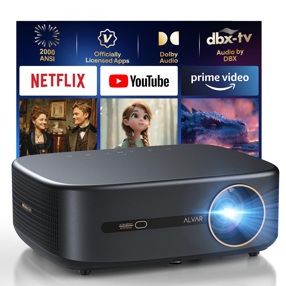 Alvar Smart Projector - 2000 ANSI, 4K Support, Dolby Audio & dbx-TV, WiFi6, Bluetooth 5.3, 50W Speakers, Native 1080P, Negro