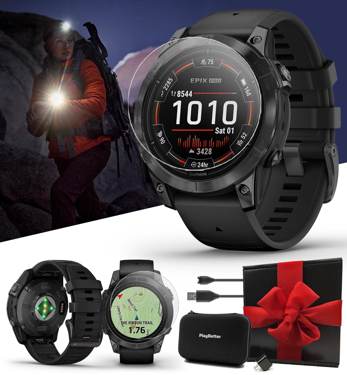 PlayBetter Garmin epix Pro (Gen 2) 47mm (Slate Gray/Black) - Smartwatch GPS AMOLED con linterna integrada - Bundle