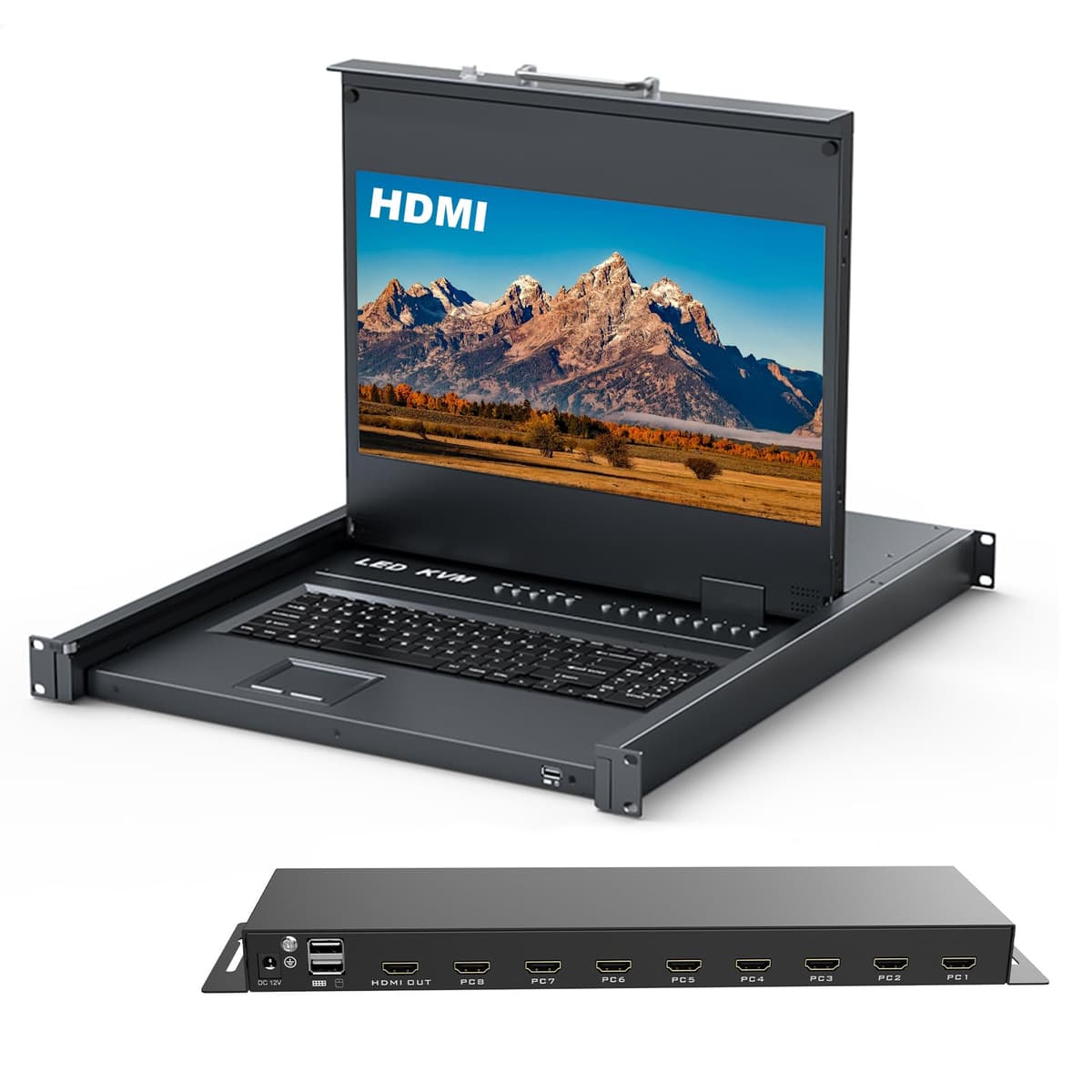 Rack Mount KVM con monitor LCD de 17.3", MT-VIKI 8 Port HDMI KVM Switch 1920x1080@60Hz para rack de 1U 19" Soporta menú OSD/Hotkey+ 8 cables KVM + teclado + panel táctil+ cajón 17308