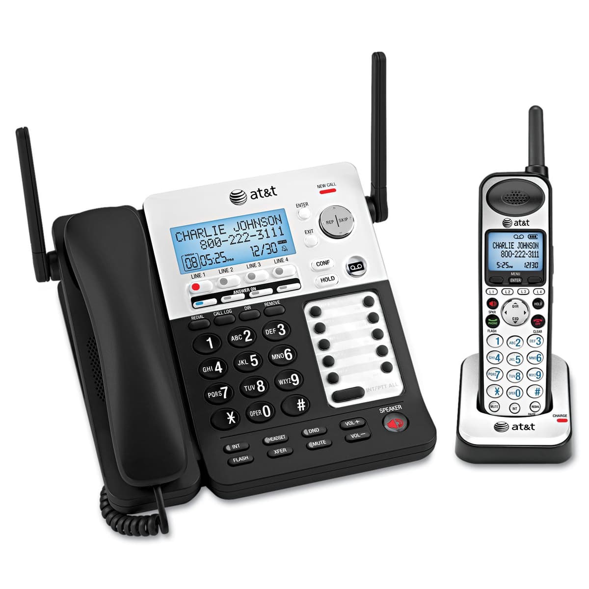 AT&T SB67138 Teléfono DECT 6.0 con contestador, 4 líneas, 1 con cable y 1 inalámbrico