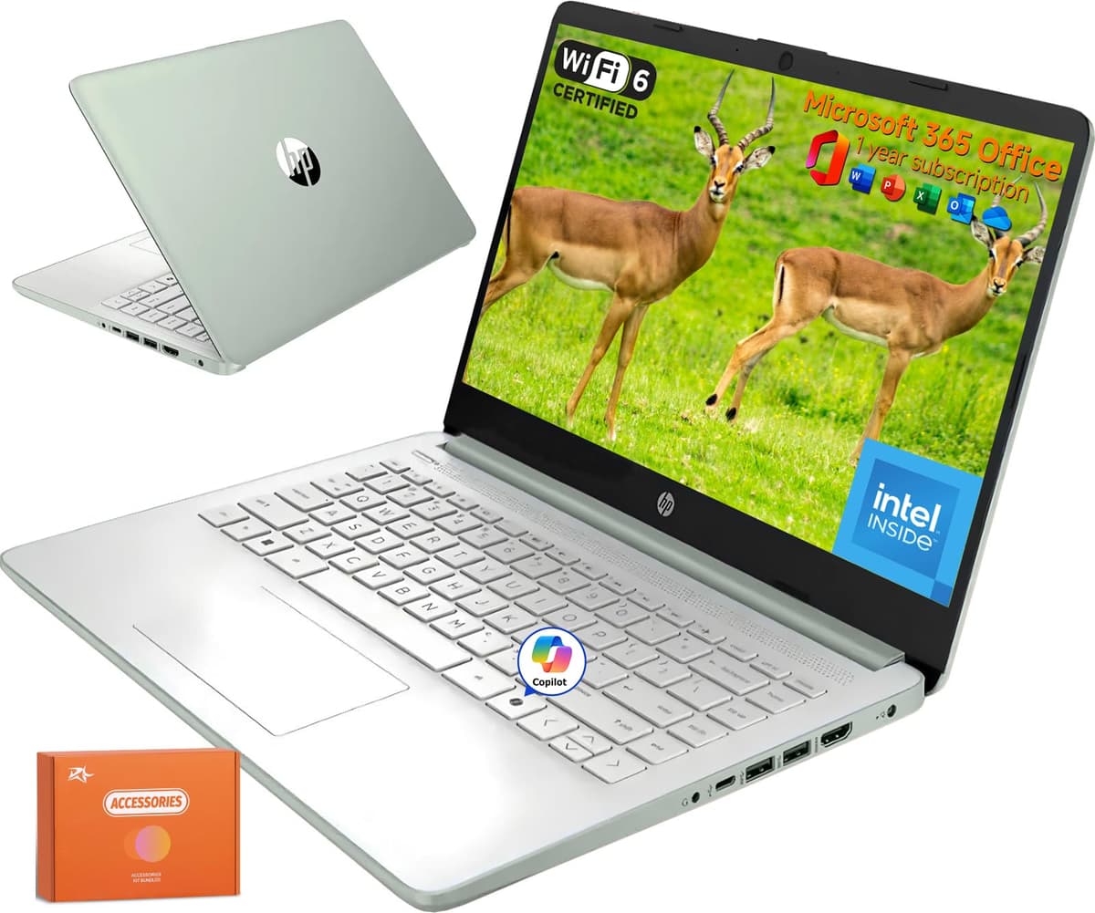 HP 2025 Nueva Laptop de 14 Pulgadas para Estudiante y Negocios, Intel N150, 16GB RAM, 384GB Almacenamiento (128GB UFS + 256GB MSD), Wi-Fi 6, Copilot AI, 1 Año Microsoft 365, Windows 11 Pro, Verde Willow, Con Mouse
