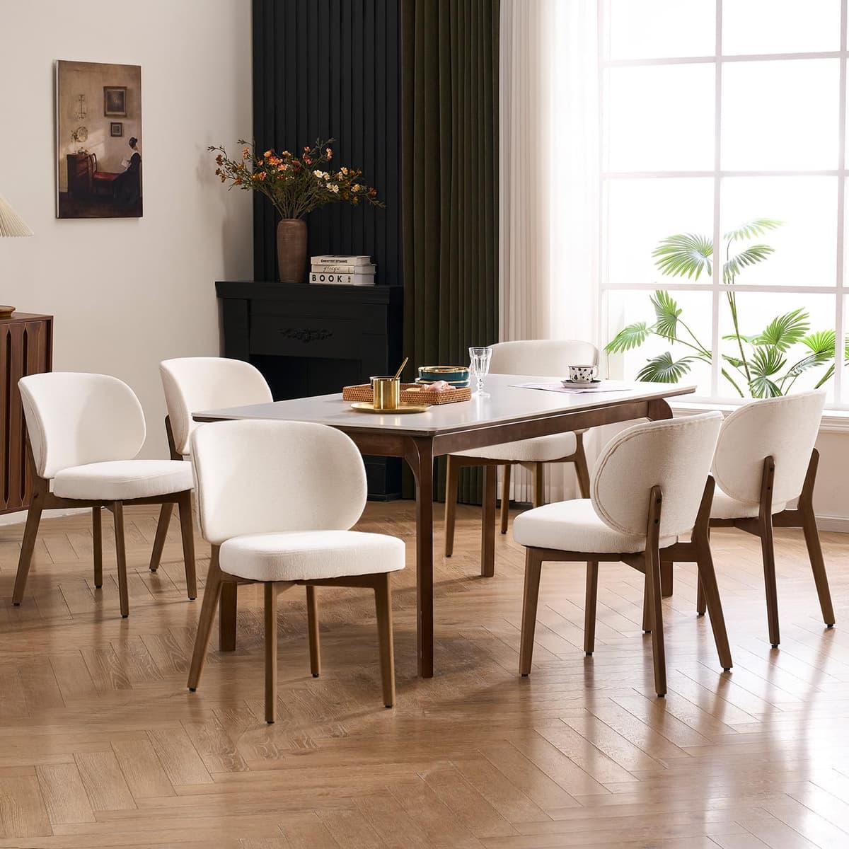 Juego de 6 sillas de comedor Bouclé YOUNUOKE, estilo mid century, beige