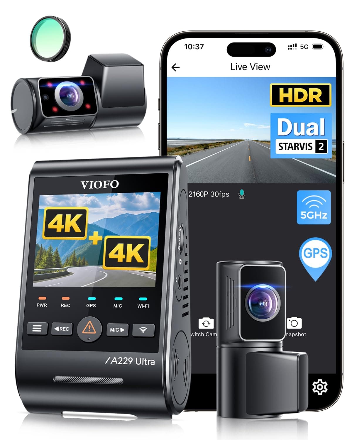 VIOFO A229 Ultra 3CH - Dash Cam triple con doble 4K + 1080p, 210° cabin cam, STARVIS 2, Wi-Fi 5GHz y GPS