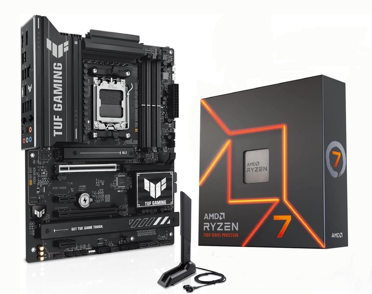 Micro Center Procesador AMD Ryzen 7 7700X con Placa Madre ASUS TUF Gaming B850-PLUS WiFi AM5 ATX (DDR5, PCIe 5.0,3x M.2, Wi-Fi 7, USB Tipo-C 20 Gbps) 7700XTUFGAMB850PLWF