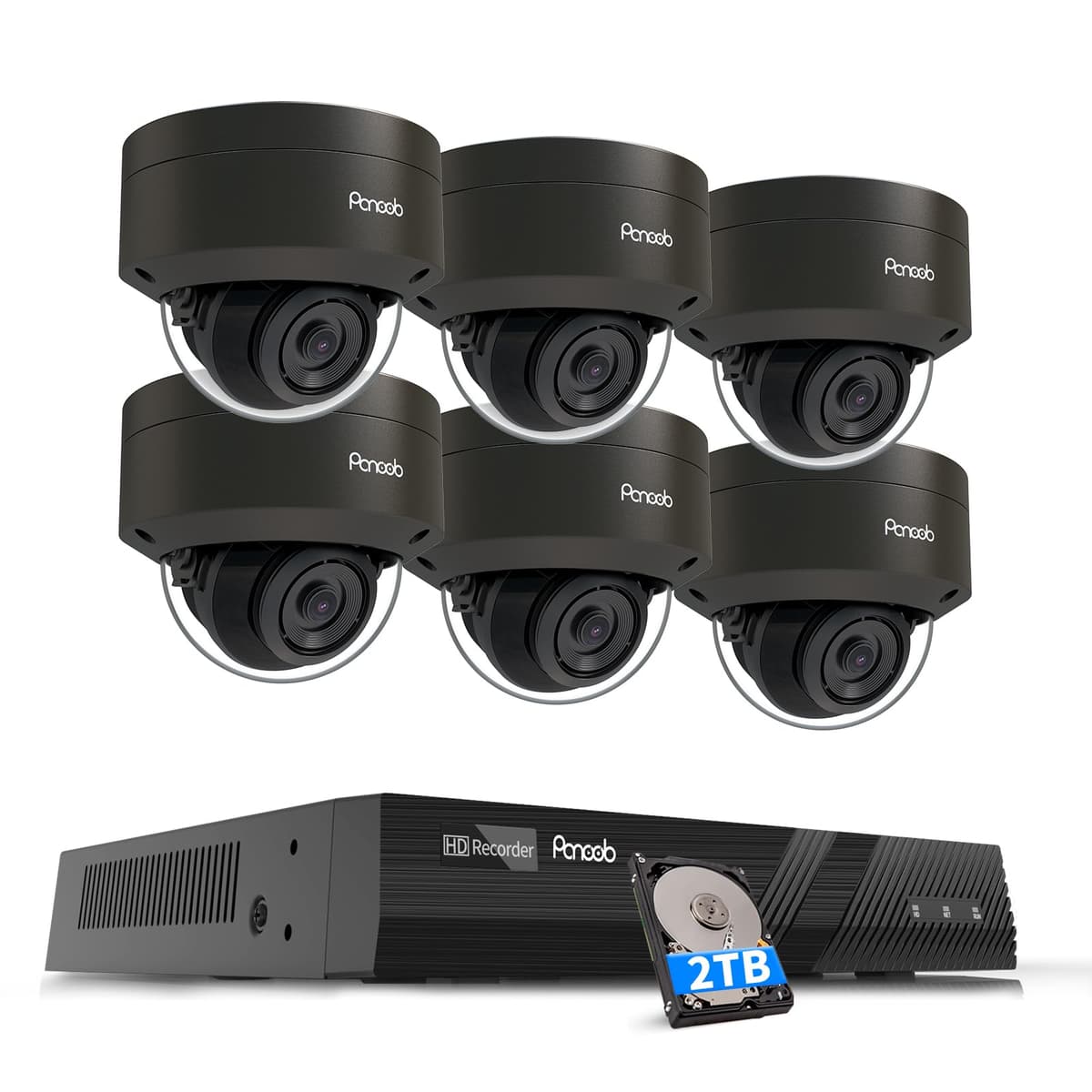 Sistema de Cámaras de Seguridad PANOOB PoE, 6 CAMARAS Domo PoE Cableadas 5MP IK10 Antivandalismo para Exteriores con Detección de Personas, IP66 Visión Nocturna IR 100 ft, NVR 4K de 8 Canales con HDD de 2TB, PD54B0608-5M