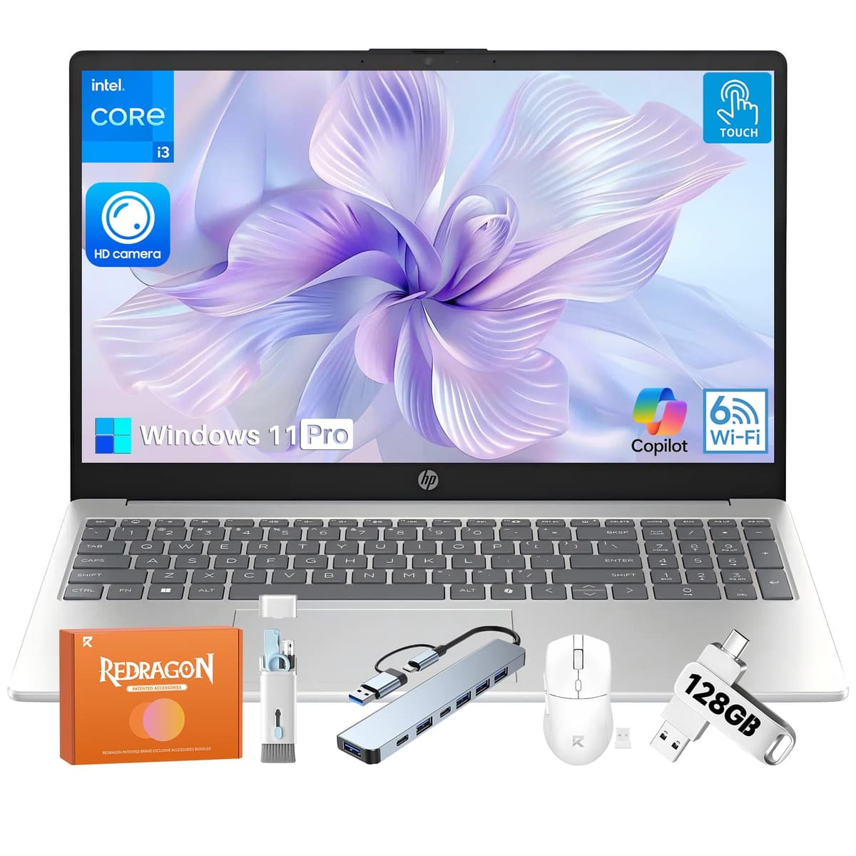 HP 2025 Laptop táctil 15.6", Intel i3-1315U de 6 núcleos, 16 GB RAM, 1 TB SSD, Windows 11 Pro con Copilot AI, Wi-Fi 6, carga rápida, cámara HD, para negocios y estudiantes, con accesorios hp laptops