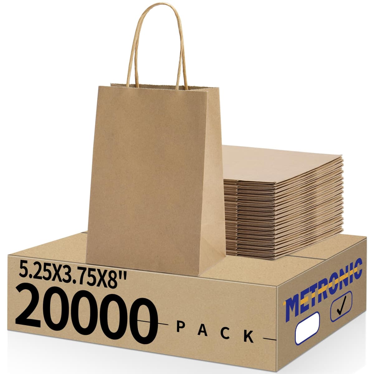 METRONIC Kraft Paper Gift Bags 5.25x3.75x8 Inch - 20,000 pack (Brown)