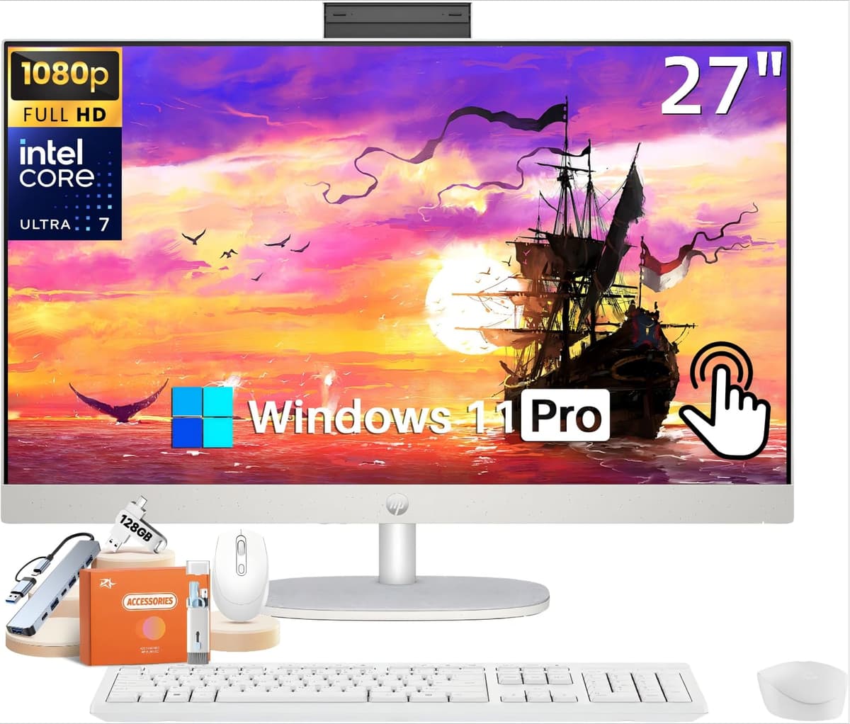 HP Computadora Todo-en-Uno Táctil de 27 pulgadas, Intel Ultra 7 155U de 12 núcleos, 64 GB RAM DDR5, SSD de 2 TB, Teclado y Mouse Inalámbricos, Altura Ajustable, Cámara HD, Windows 11 Pro HP 27 inch all-in-one desktop computer