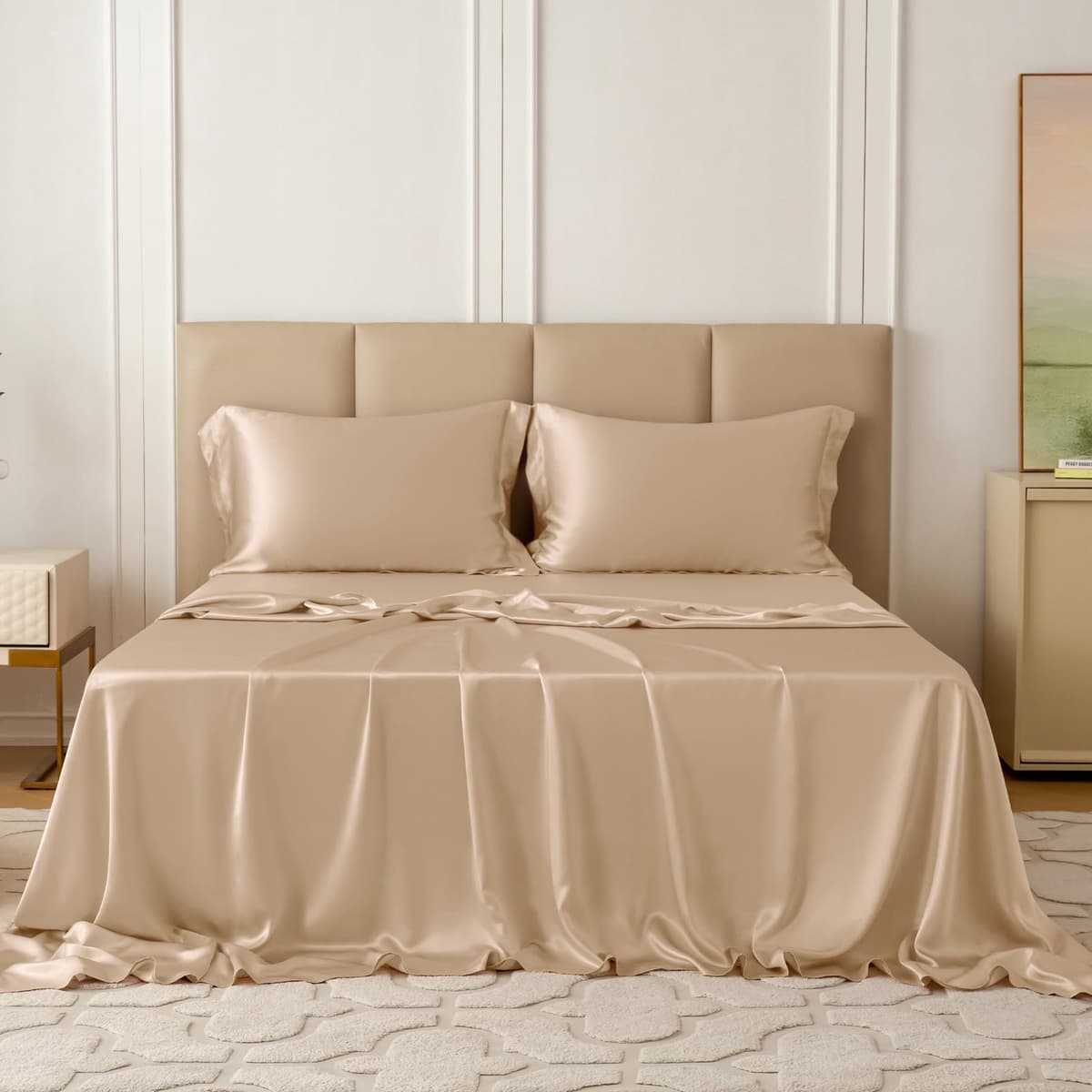 THXSILK Juego de sábanas de seda 22 Momme 4 piezas para King, Champagne