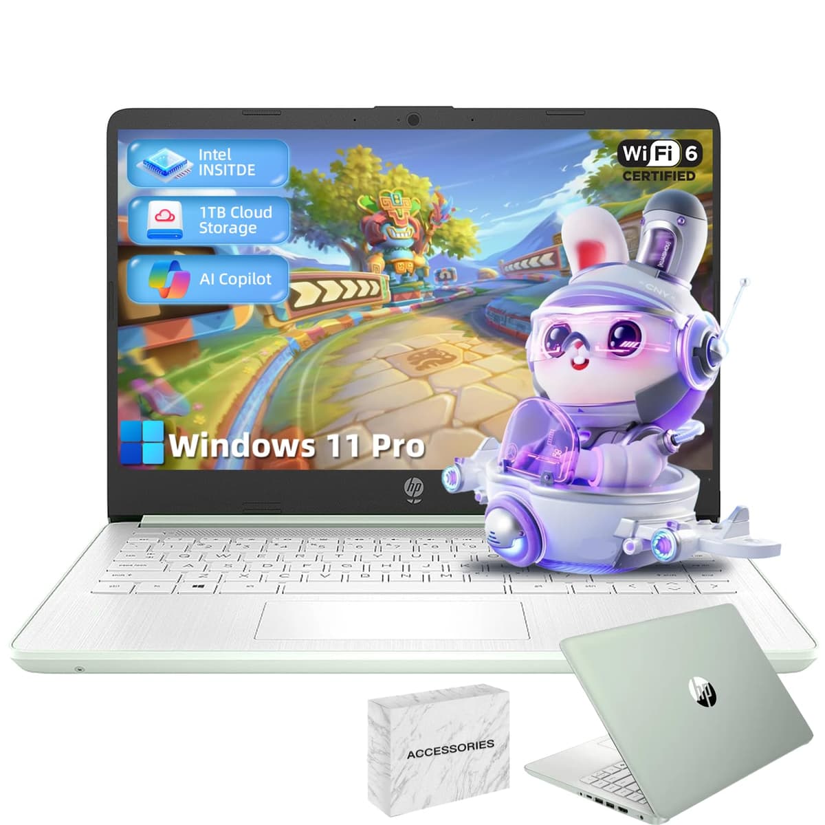 Laptop empresarial para estudiantes HP - Procesador Intel N150, 16GB RAM, 384GB Almacenamiento (128GB UFS + 256GB MSD), Microsoft Office de por vida, con unidad DVD, Copilot AI, 1TB de almacenamiento en la nube, con inteligencia artificial, color verde