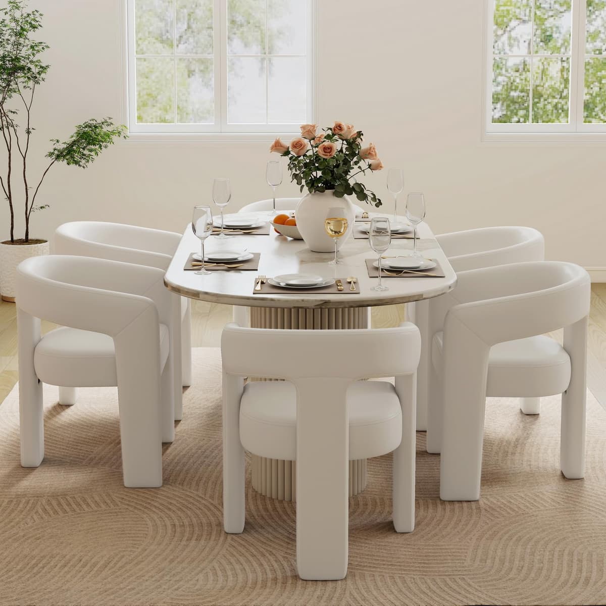 BESTANO Set de 6 sillas de comedor tapizadas en PU con respaldo abierto, diseño barrel, blanco SYX5101