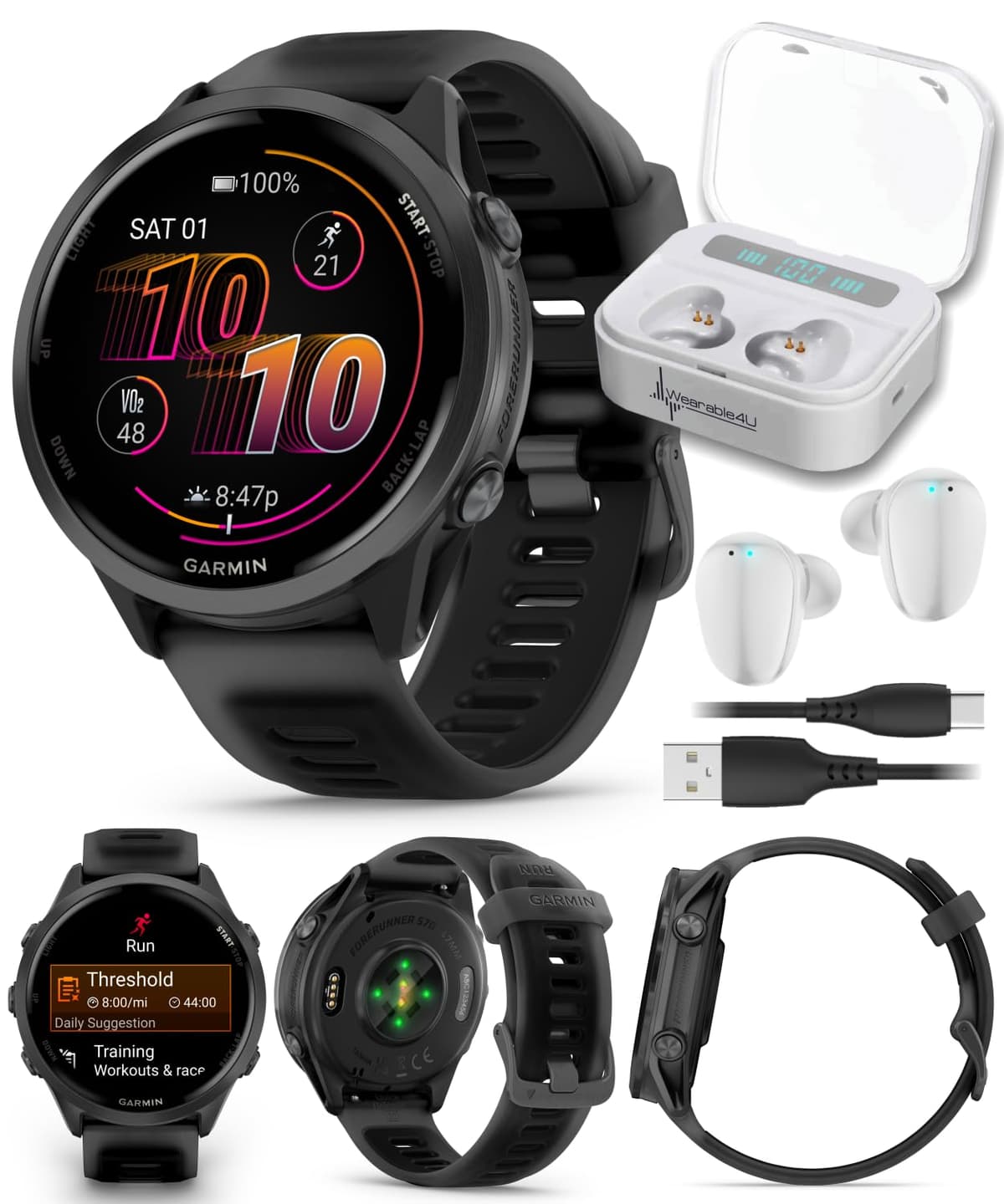 Garmin Forerunner 570 47 mm Reloj inteligente avanzado para correr y triatlón con GPS, pantalla AMOLED, entrenamiento y recuperación, aluminio gris pizarra con correa negra translúcida/negra y paquete con audífonos Wearable4U blancos TWS X7-1
