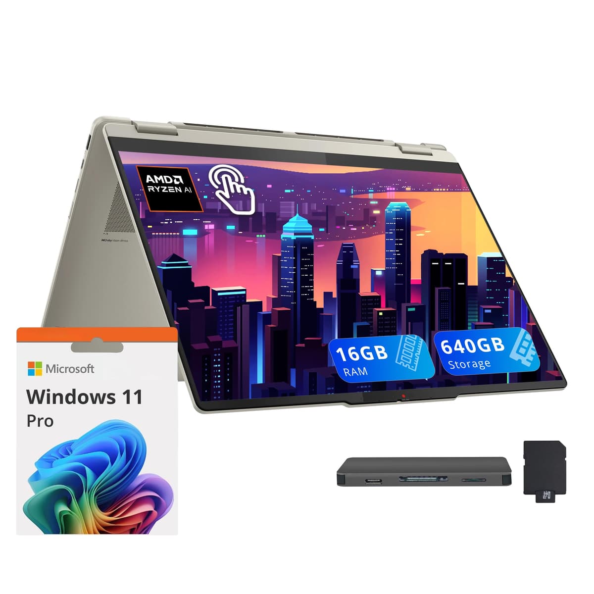 Lenovo Yoga 7 2 en 1 Copilot+ Laptop, pantalla táctil 16" WUXGA, AMD Ryzen AI 5 340, 16GB LPDDR5X, 640GB almacenamiento (512GB SSD + 128GB docking), teclado retroiluminado, lector de huellas, cámara FHD, Windows 11 Pro, color Seashell