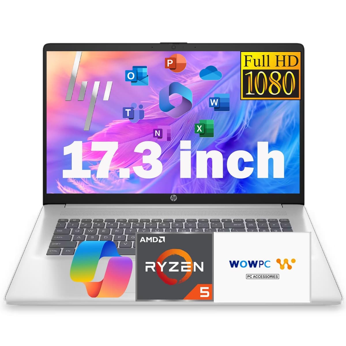 HP Laptop empresarial de 17.3" FHD con MS Office para la web, AMD Ryzen 5 7430U (mejor que Core i7-1355U), 8GB RAM, 756GB (256GB SSD + 500GB disco externo), Windows 11, WOWPC 3 en 1, sin mouse for Women 9