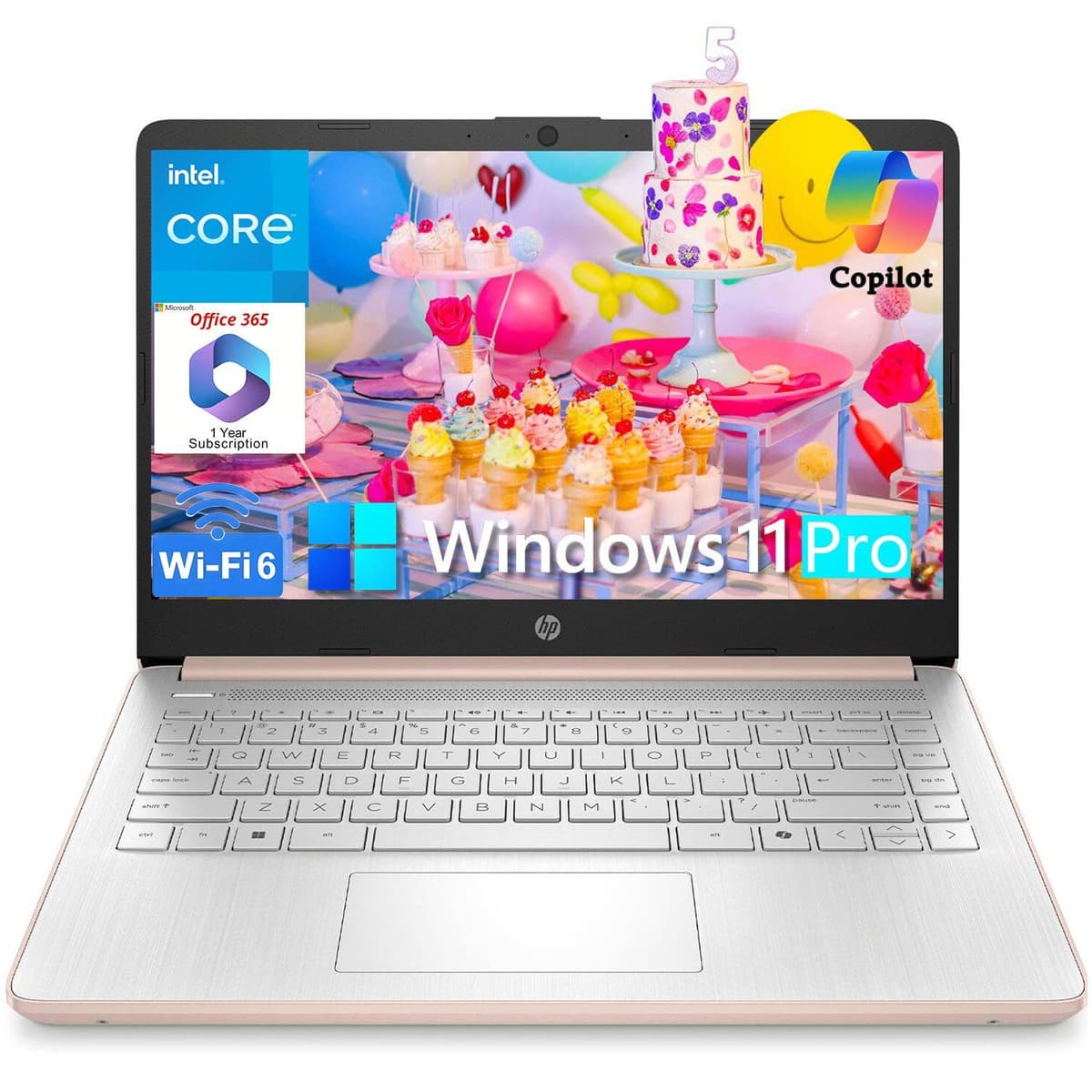 Portátil HP para Hogar y Estudiantes, 16 GB RAM, 384 GB Almacenamiento (128 GB UFS + 256 GB MSD), Office365 1 Año, 14 pulgadas, CPU Intel N150 (mejor que N4120), WiFi 6, BT 5.4, Windows 11 Pro S, Rosa Dorado, Tichang HP Laptop 14