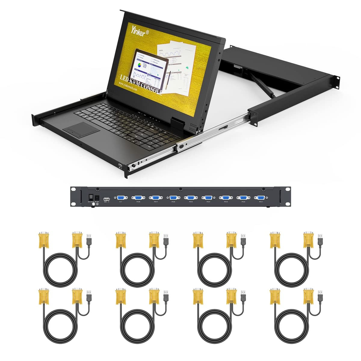 Yinker 8 Port VGA KVM Rack Mount con Monitor LCD 15.6", Teclado y TouchPad (YK-1568UL)
