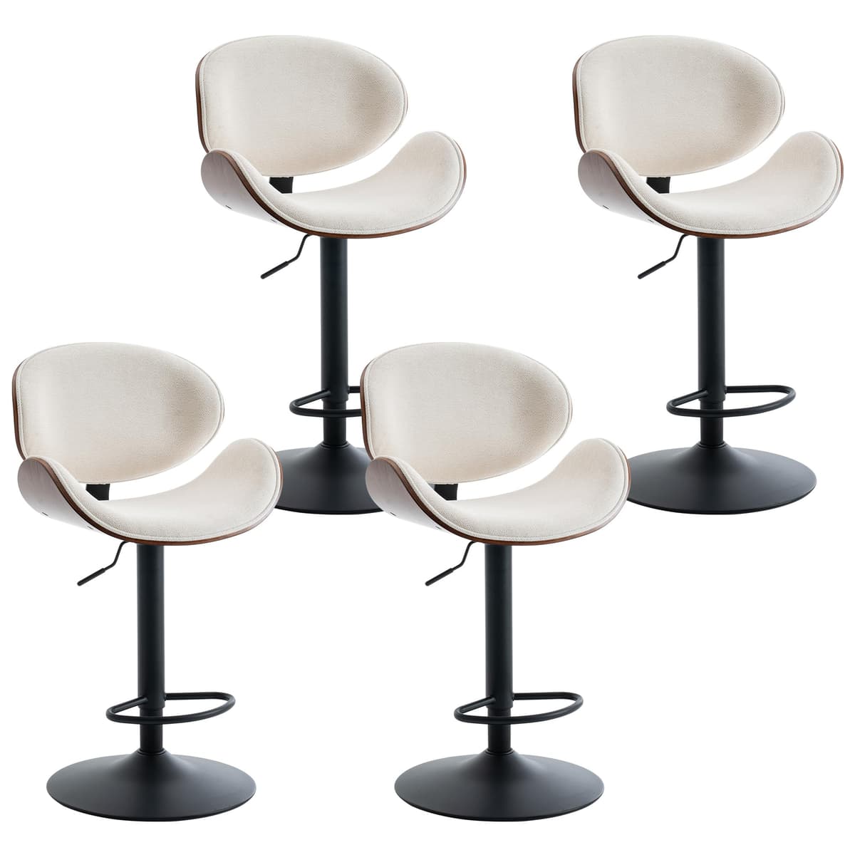 Taburetes Altos Beige Kidol & Shellder Con Respaldo Juego de 4 de 21" de Ancho Giratorios Altura Ajustable Sillas de Bar Tapizadas en Chenilla Madera Curvada para Barra de Cocina Isla 150 kg (330 lbs)