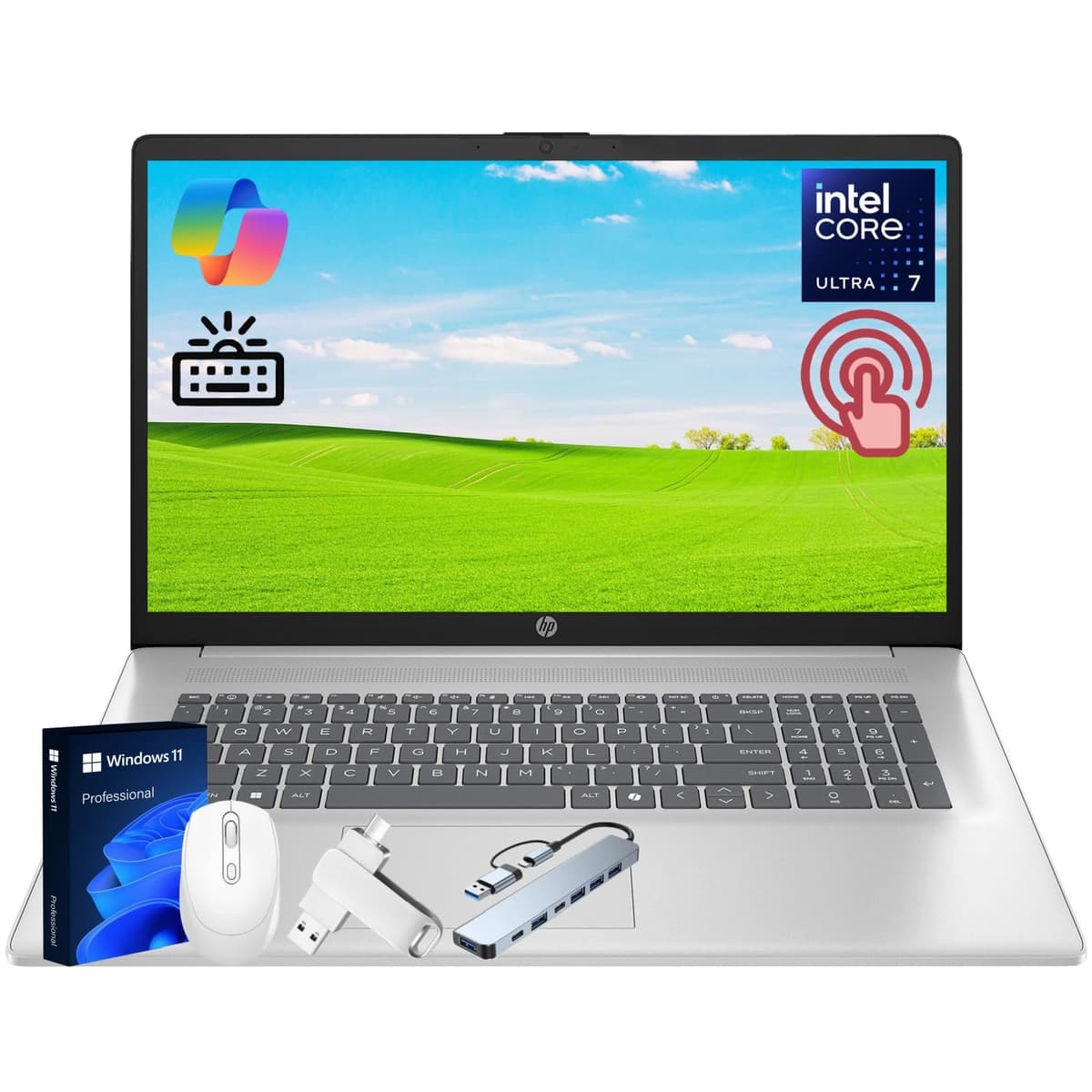 HP 17.3 pulgadas con pantalla táctil, pantalla HD+ antirreflejo de 17", Intel Ultra 7 255U, teclado retroiluminado, tecla Copilot, NPU integrada, 32 GB DDR5, 2 TB SSD, BT 5.4, Windows 11 Pro, accesorios 17-cn5075cl