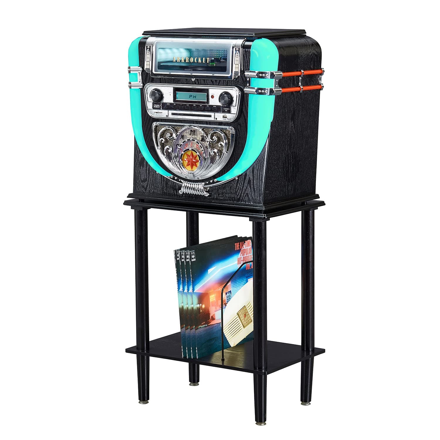 Arkrocket Boston Jukebox Tabletop Record Player con Stand, Bluetooth, CD, FM, SD, USB AR09