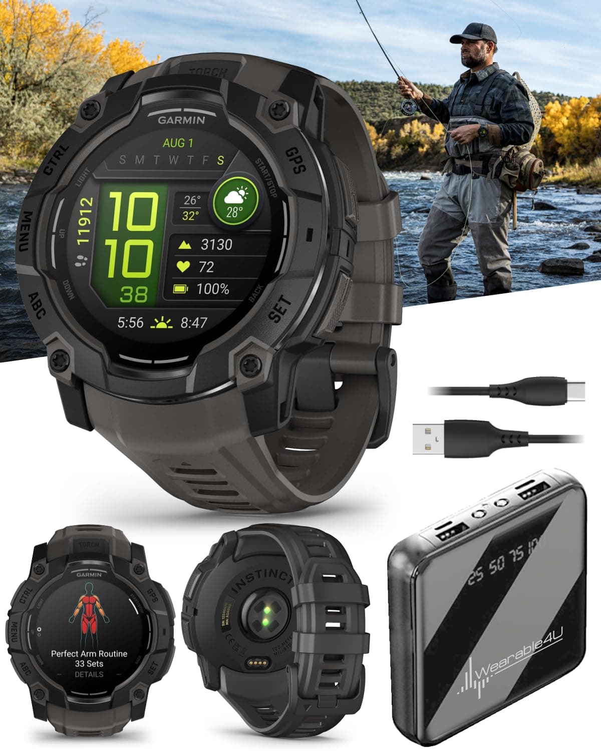 Wearable4U Garmin Instinct 3 50 mm, Pantalla AMOLED, Smartwatch GPS Rugerizado para Exterior, Bisel Reforzado con Metal, Linterna Integrada, Hasta 18 Días de Batería, Negro con Correa Carbón