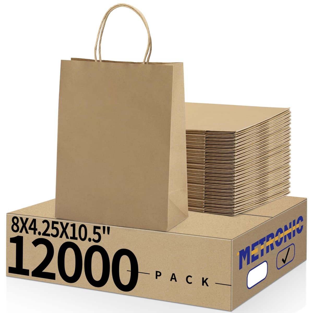 METRONIC Kraft Paper Gift Bags with Handles 8x4.75x10.5 Inch - 12000 Pack (Brown)
