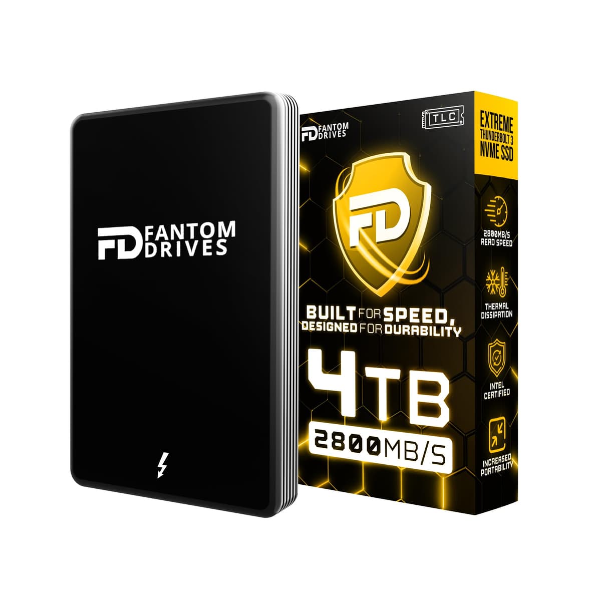 Fantom Drives - Unidad de Estado Sólido Portátil 4TB 3D NAND TLC Externa - Thunderbolt 3 y 4 USB 3.2 Tipo C - 2800 MB/s - Certificada por Intel - TB3X-2300N4TB
