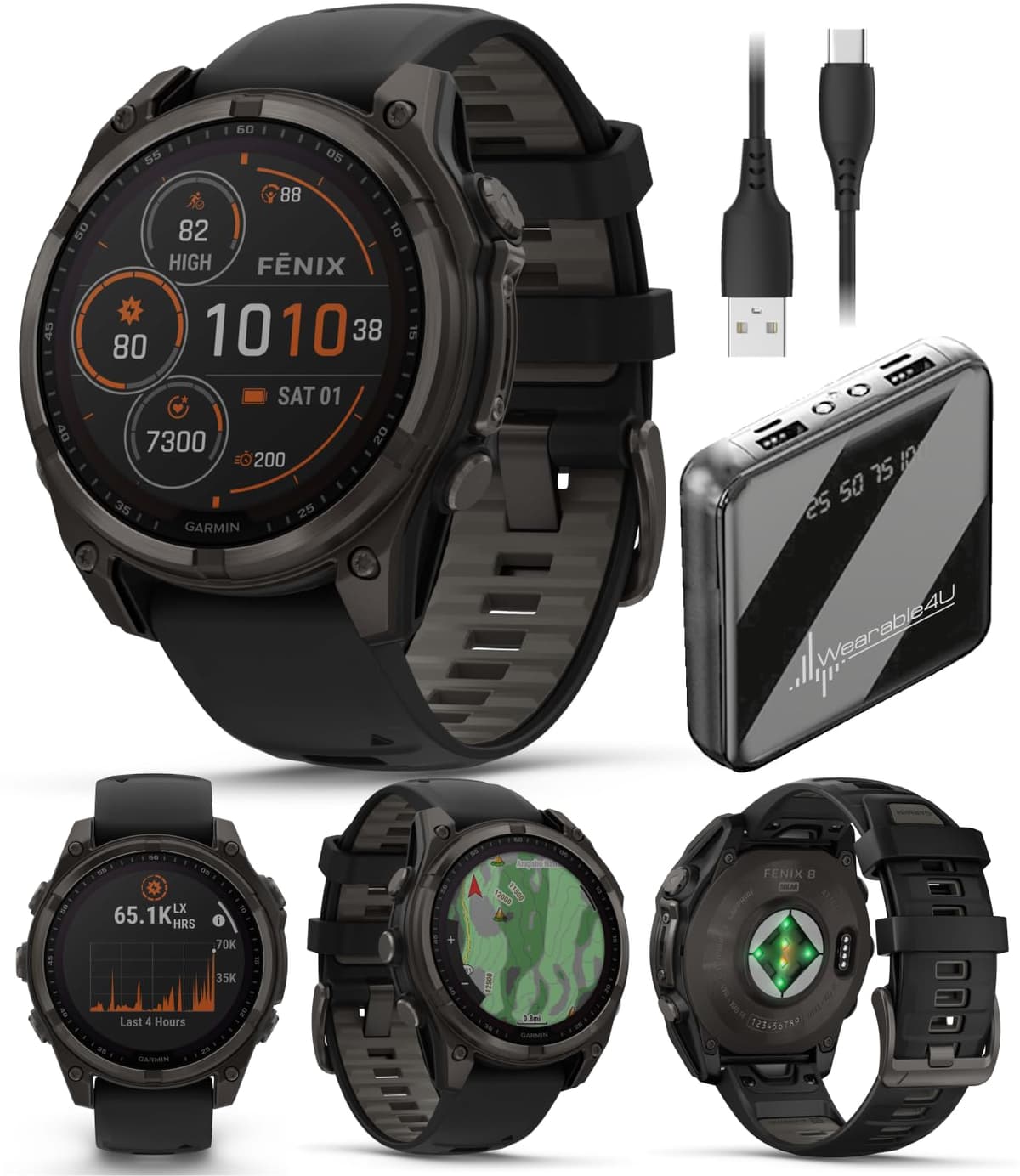 Wearable4U Garmin Fenix 8 - 47 mm, Smartwatch GPS Multideporte, Solar, Zafiro, Titanio Carbono con DLC en gris carbón y correa de silicona negra/gris piedra, Linterna LED integrada, Control por voz, Paquete con Power Bank