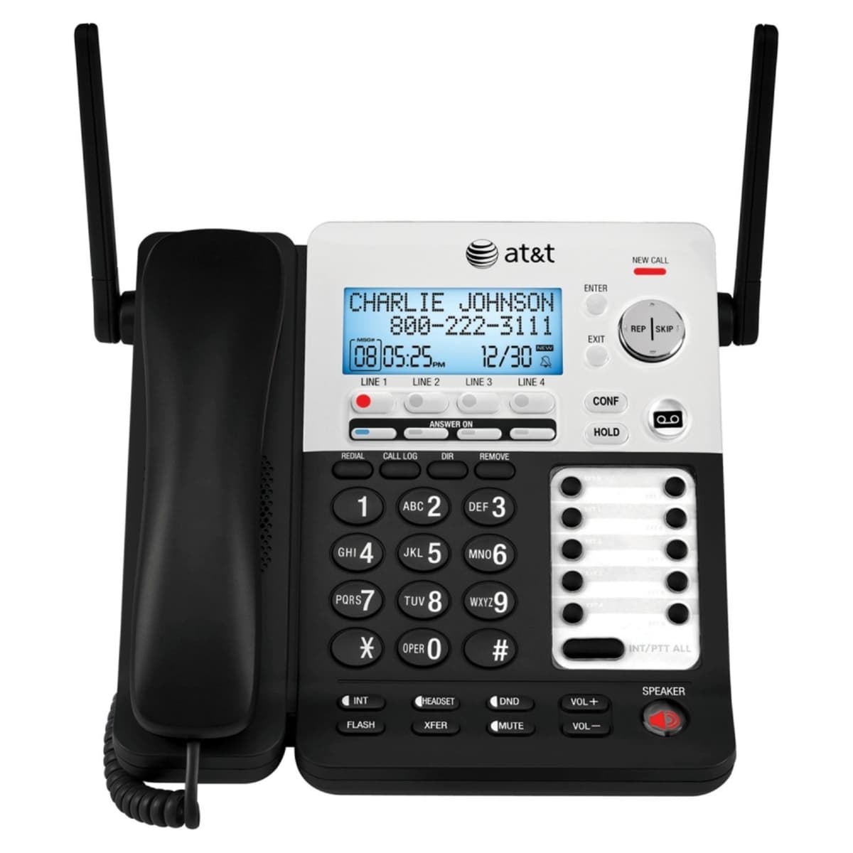 AT&T SynJ SB67158 Sistema telefónico para pequeña empresa DECT 6.0 de 4 líneas con teléfono con cable/inalámbrico y contestador, Negro/plata