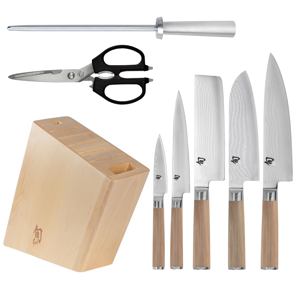 Shun Classic Blonde Set de 8 Piezas con Bloque - Chef 8", Santoku 7", Paring 3.5", Nakiri 6.5", Utility 6", Tijeras y Afilador DMS0800W