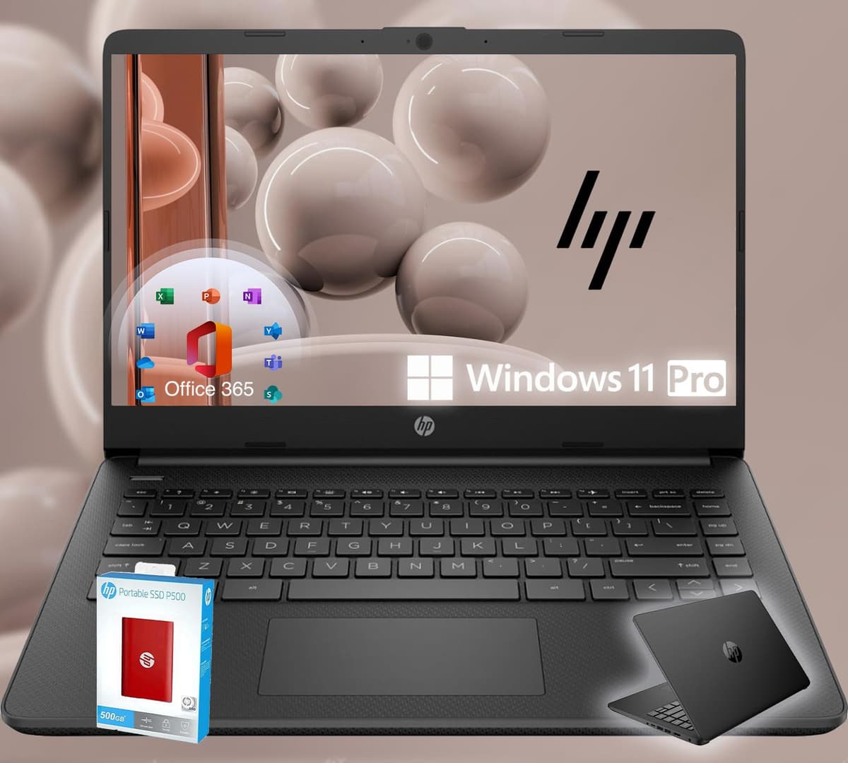 HP 14 Ultrabook • CPU Intel de 4 núcleos • Edición limitada Regreso a Clases con Microsoft 365 • 32 GB RAM • 1, 6 TB de almacenamiento (128 GB integrados con HP + SSD portátil P500 de 512 GB + 1 TB en OneDrive) • Windows 11 Pro • Negro